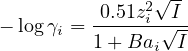                √-
         -0.51z2i-I--
− log γi = 1+ Bai√ I
